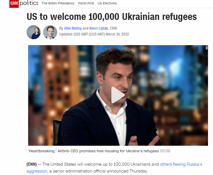 美国政府匿名官员告诉多家美媒：美国将“欢迎”10万乌克兰难民