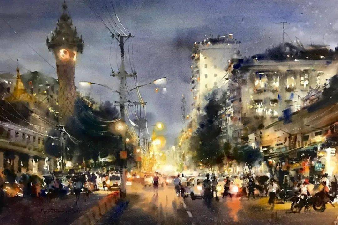 缅甸水彩画家mintnaing这夜景让人挪不开眼