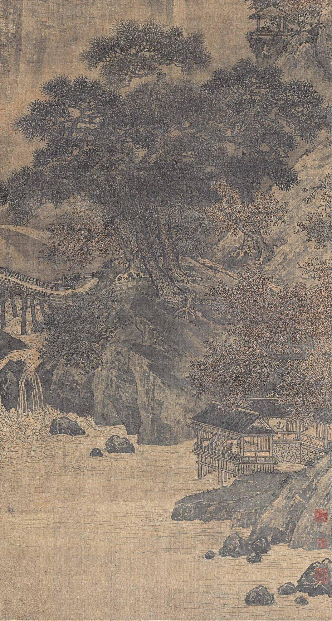 赏画|萧照《秋山红树图》_李唐_山水_绍兴中