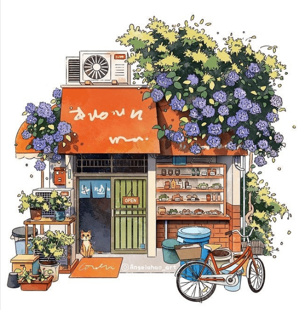 街边小店 街景 建筑物 水彩插画