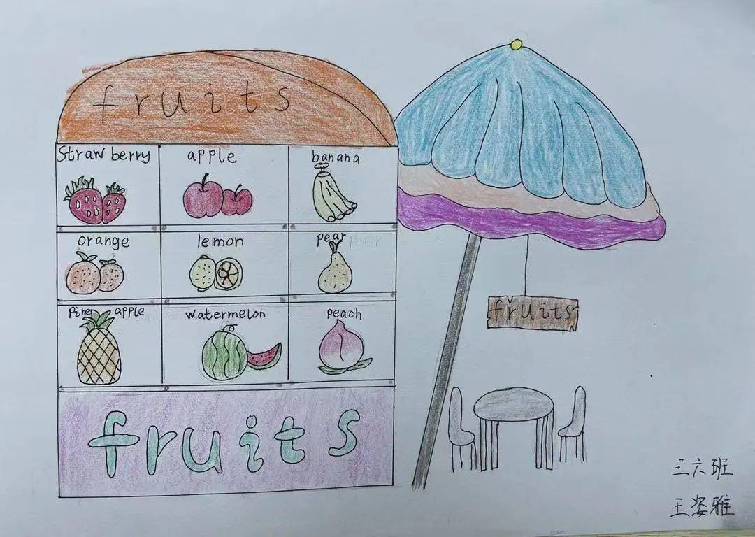 老师让孩子们画一画心目中的水果店和蔬菜沙拉,做一做彩泥水果和蔬菜