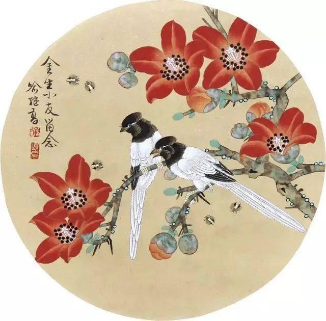 喻继高工笔花鸟团扇,典雅秀丽