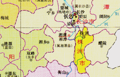 1958年今湘潭市附近行政區劃1958 年 1 月,從湘潭專區劃出長沙縣,望城