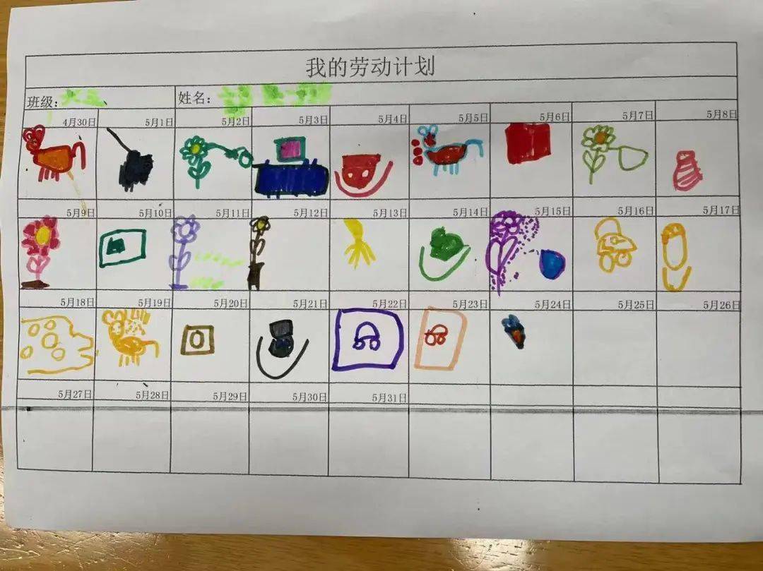 孩子们将自己的计划单带到家里,每天完成了劳动计划会在表上贴一枚小