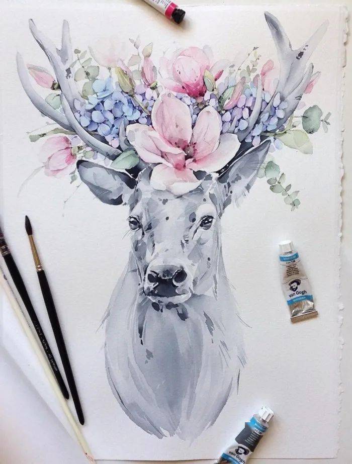 当动物遇到鲜花,一切都变得温柔起来~唯美的手绘花卉动物水彩欣赏