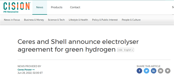 研发SOEC制氢新技术 Ceres和壳牌签署协议