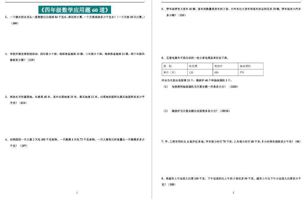 四升五暑假衔接 四年级数学应用题60道 给孩子假期提升一下 小时 资料 零件