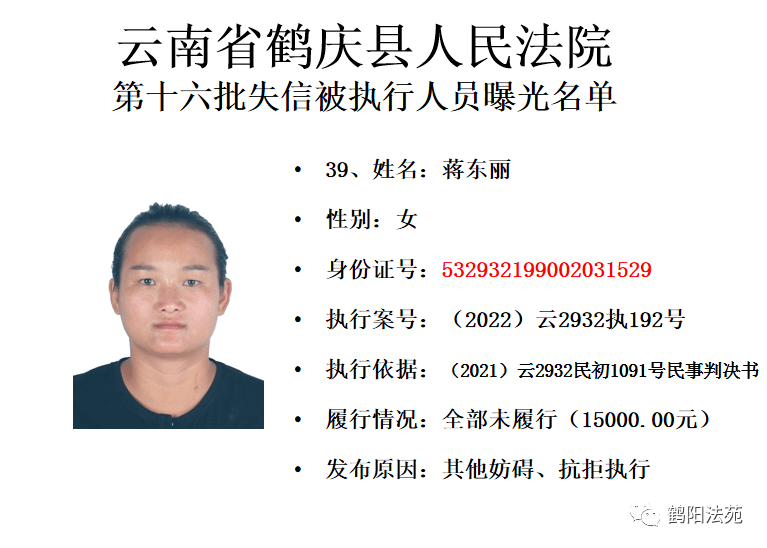 鹤庆县人民法院2022年第2期失信被执行人名单(总第16期)