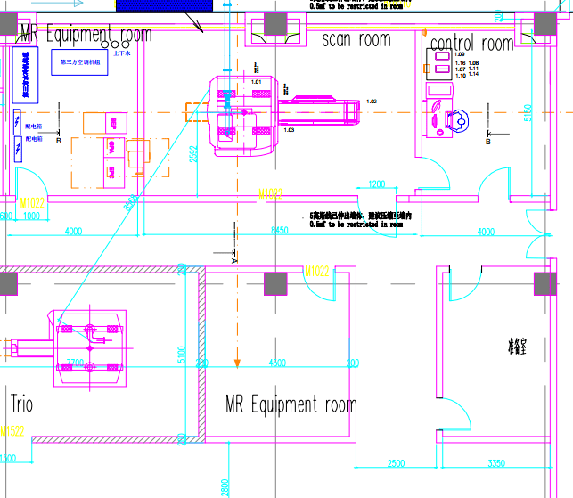以本次安装的磁共振成像设备为例,mr安装场地布局的基本原则为:操作间