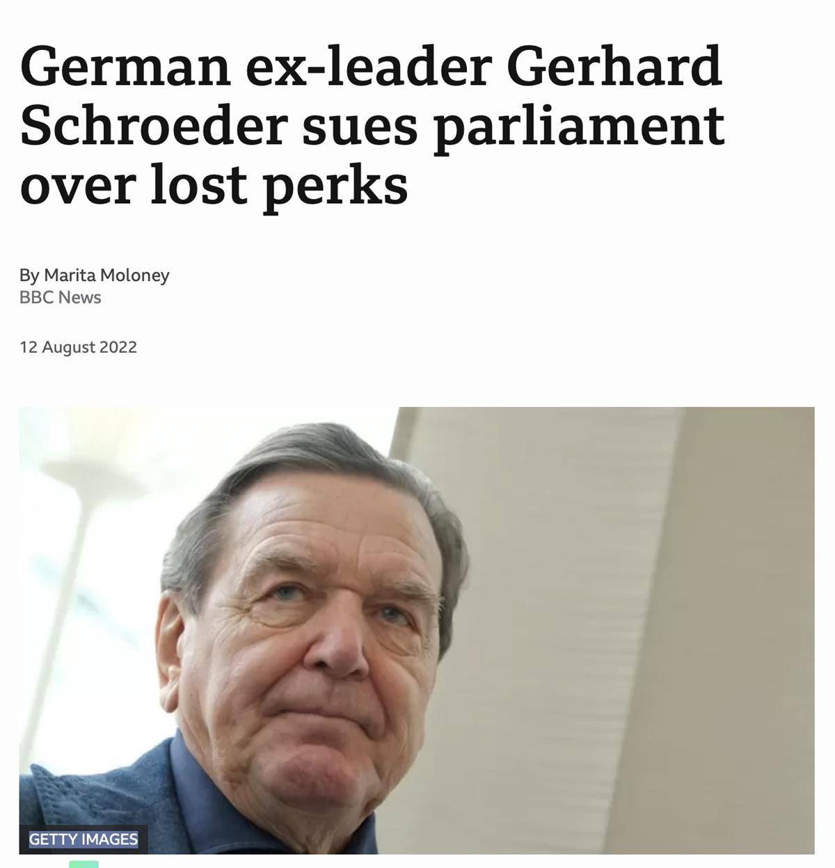 退休福利被削减，德国前总理施罗德起诉议会