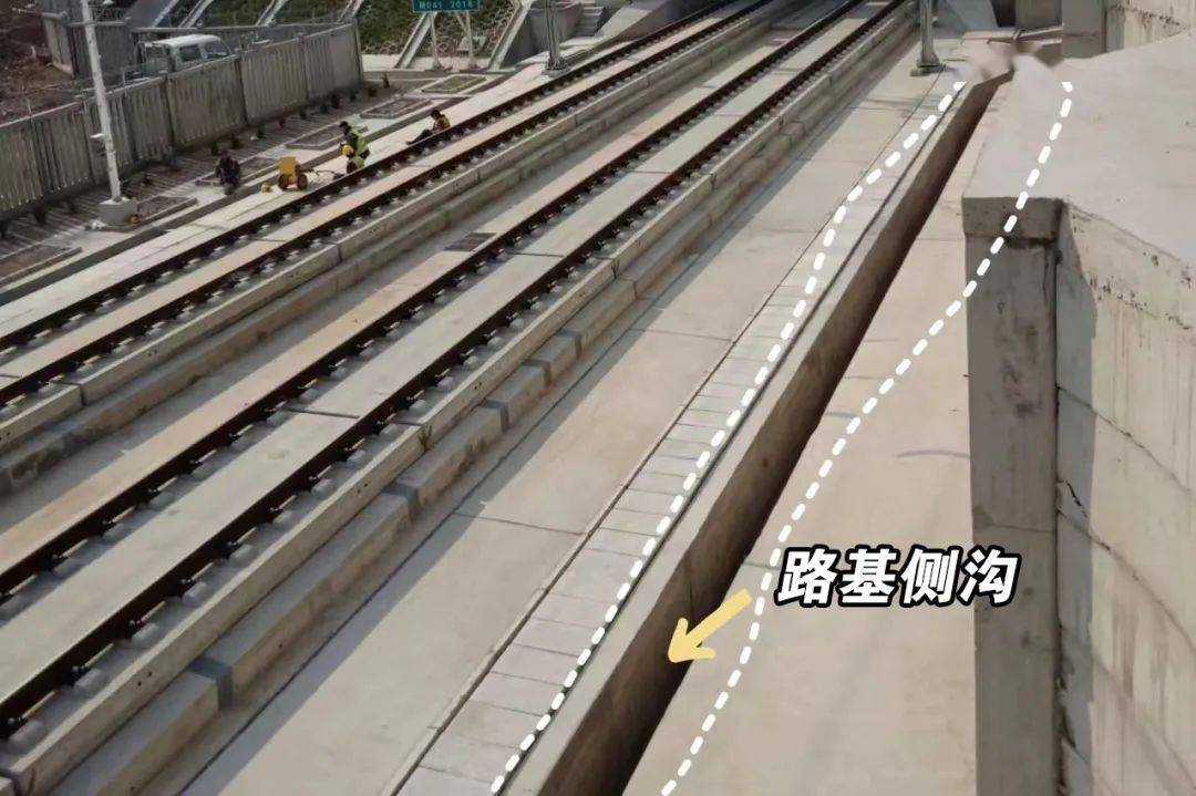 铁路路基两侧的侧沟会沿着边坡上修有的吊沟天沟截留的雨水(图中虚线