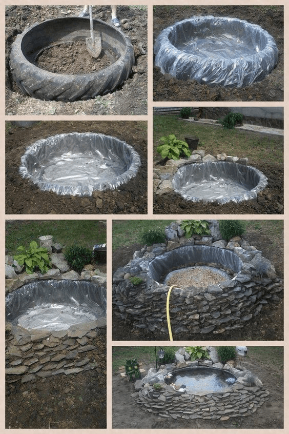 不要的旧轮胎,中间挖空放院里,铺层薄膜当鱼池,也就几块钱成本_diy