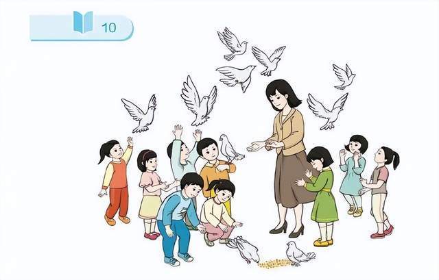再比如一张大家一起喂鸽子的插图,从画风来看,孩子们梳着各种常见的