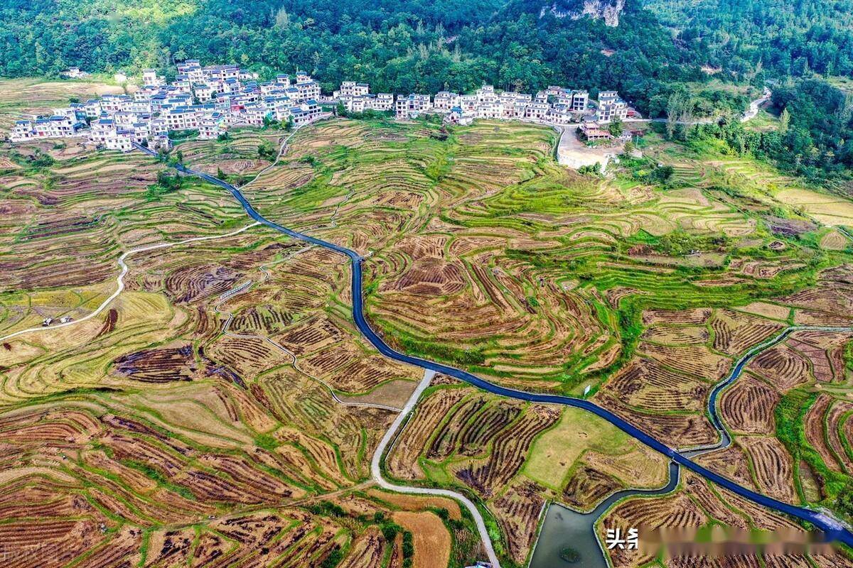 航拍广西喀斯特洼地梯田逶迤层叠如大地指纹_田埂_乡村_小道