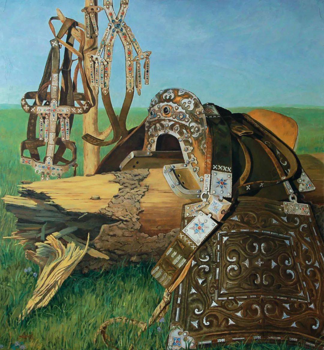银镶宝嵌鞍(1999年)布面油画 |105x97cm阿尔达克·阿曼老师的绘作文