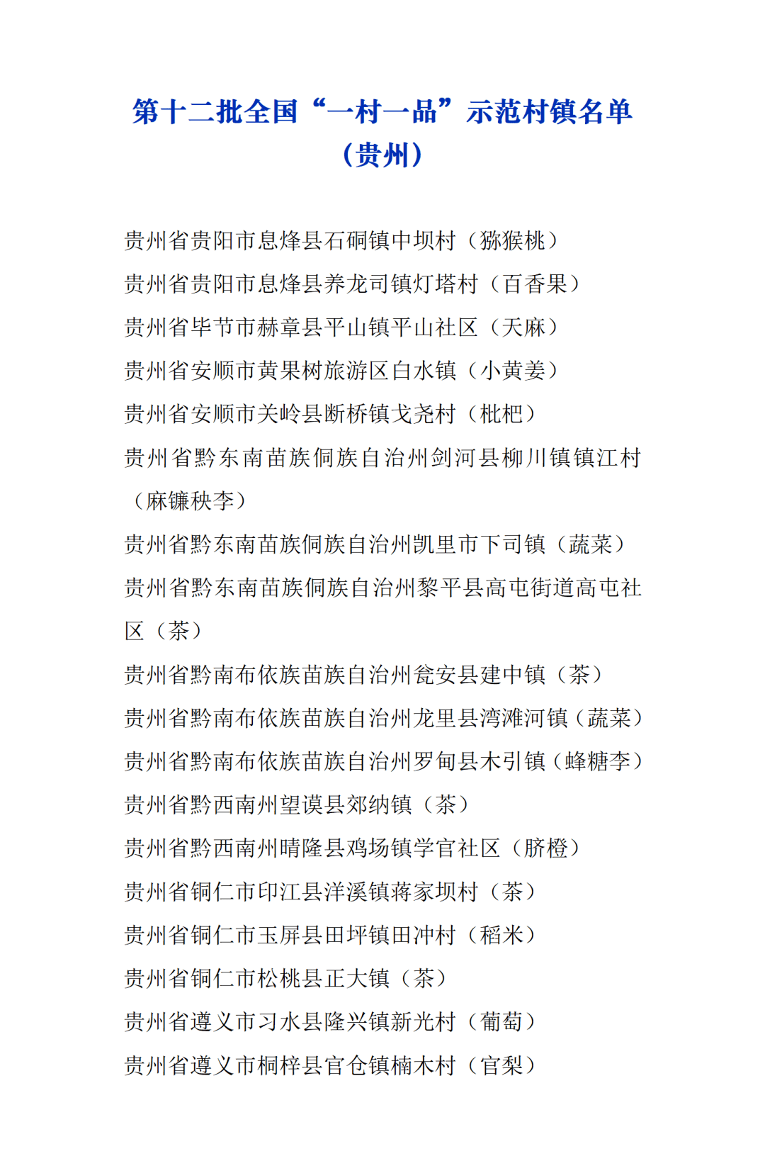 贵州18个！全国“一村一品”示范村镇名单正在公示 经村镇 农村部 农业