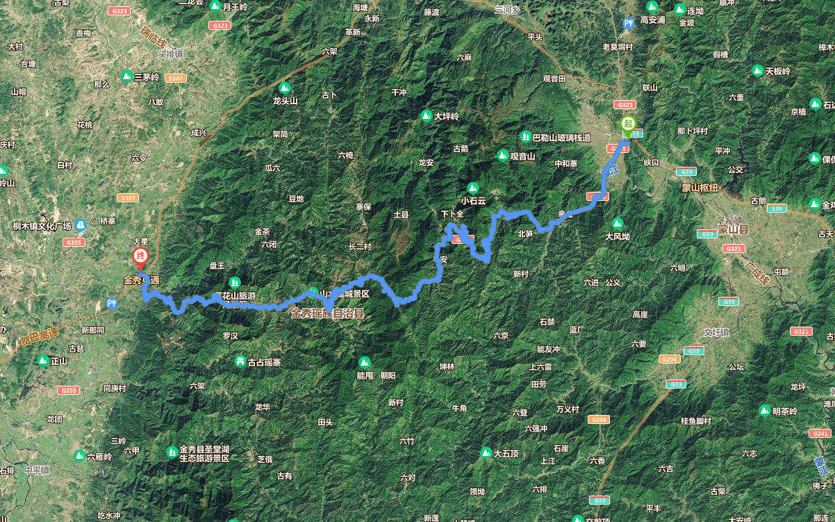 国道g355从大瑶山的东部蒙山县一路向西穿过大瑶山,经过大瑶山深处的
