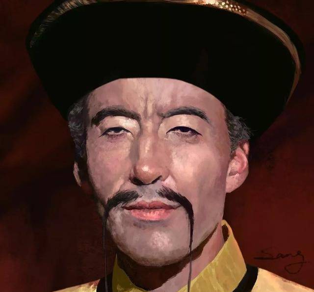 一张阴森恐怖的长脸,细长的八字胡和眉毛让人看上去不寒而栗,一身清朝