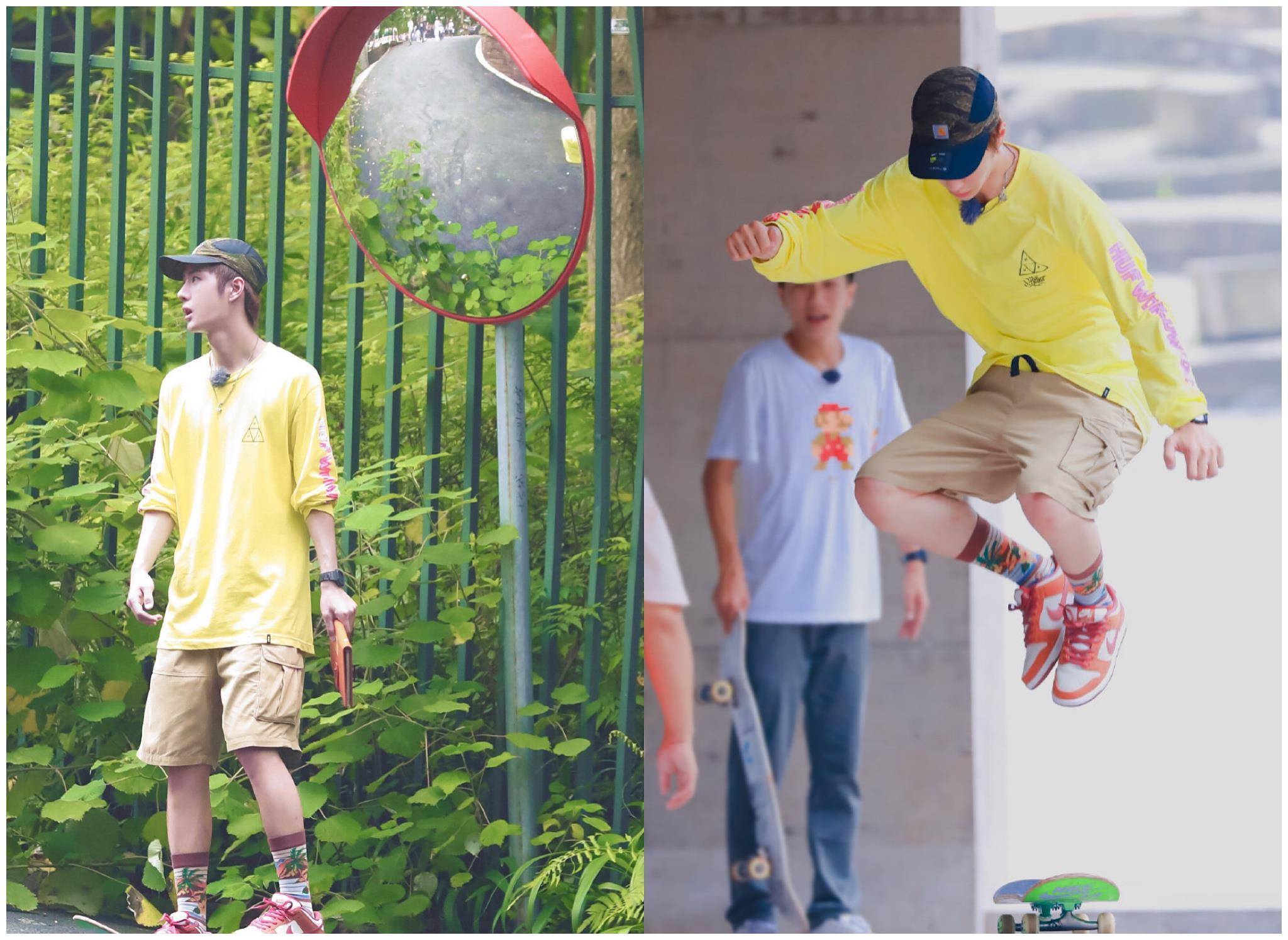 喜欢滑板的时候,王一博同班一双丝袜和一条短裤,瞬间把整条街的视线