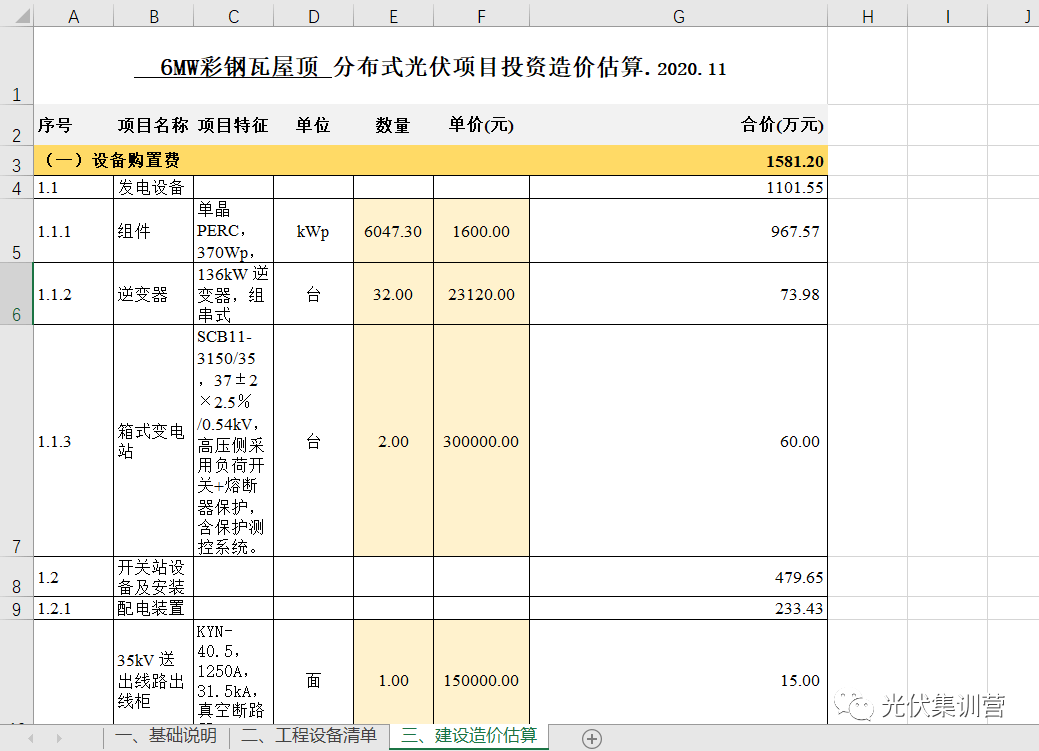 新能源行业辅助东西 | 6MW工业厂房屋顶光伏项目造价阐发表（含质料清单）