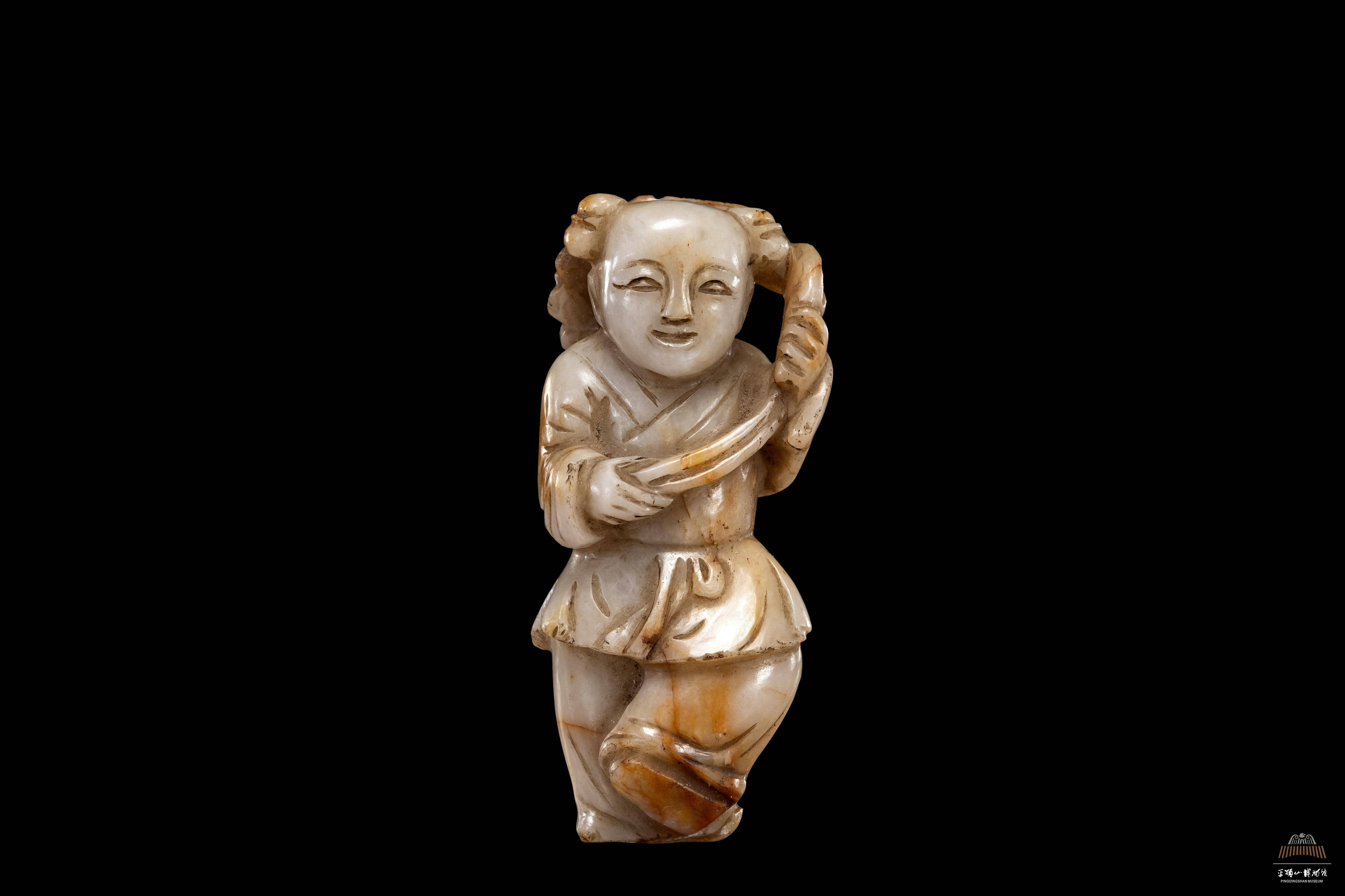 宋遼 和田青白玉石持蓮花童子 【宙】中国古玩 玉製 翡翠 細密透