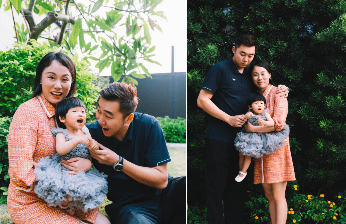 一家人互动性十足,赵芸蕾跪在草坪上环抱住女儿对着镜头大笑,老公洪炜