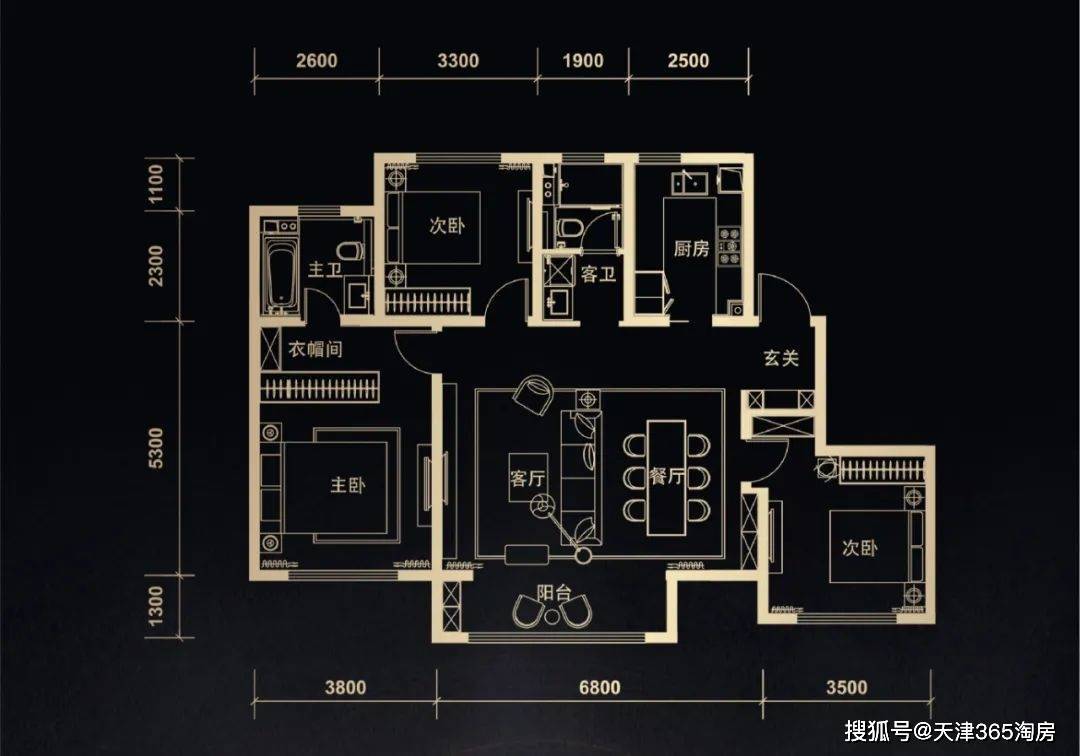 中冶德賢華府3號樓157平米戶型主臥套間整體面積達到了26平米.