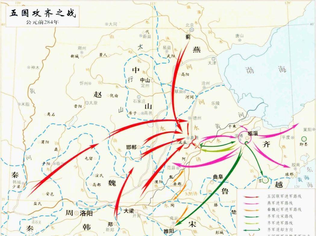 公元前284年,樂毅率五國聯軍和齊軍大戰於濟西,齊軍一觸即潰,主將觸子