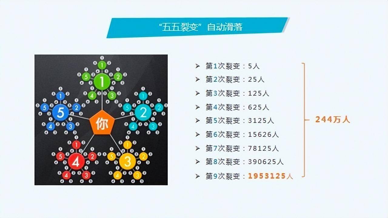 满了5人后,会自动滑落,达到"上帮下"的五五倍增裂变!