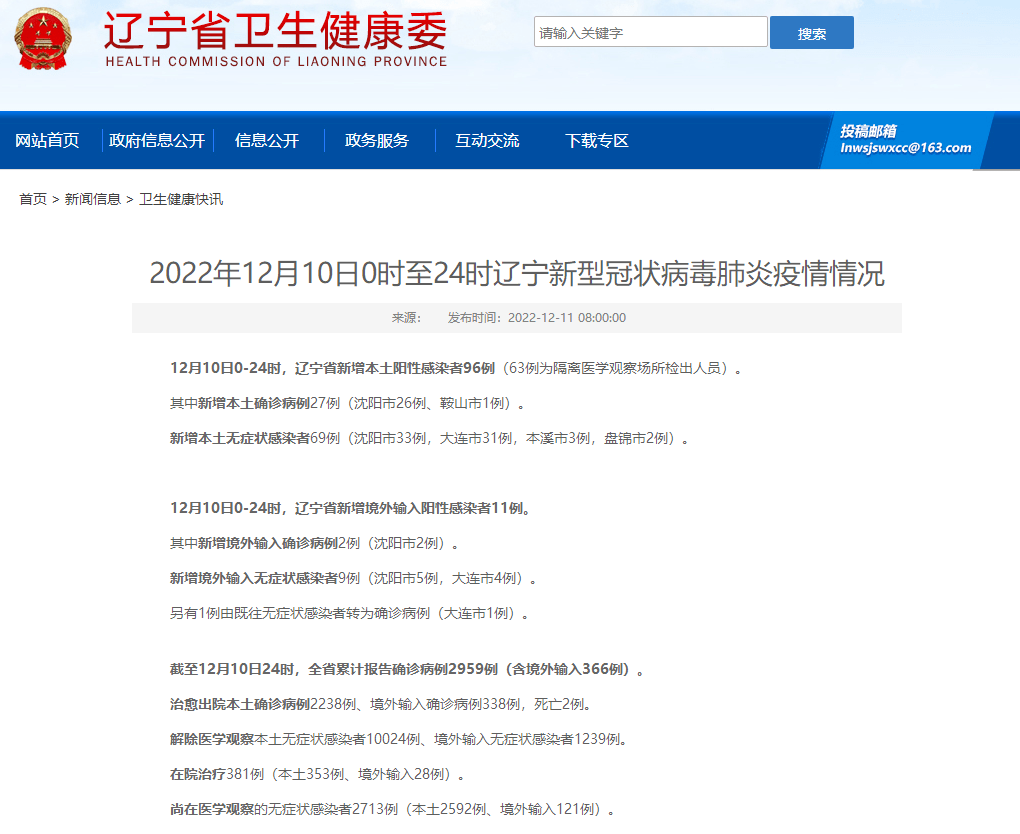 2022年12月10日0时至24时辽宁新型冠状病毒肺炎疫情情况 隔离 症状 感染者