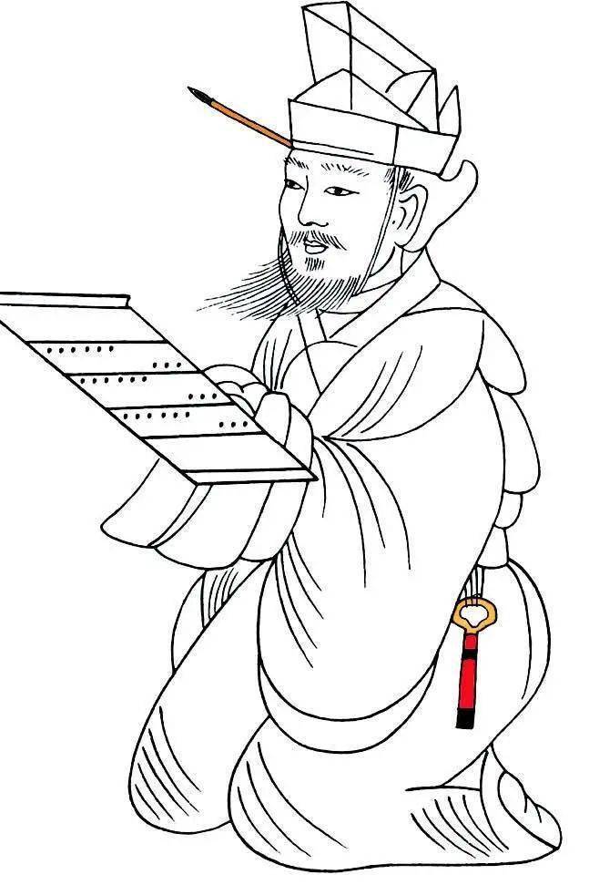图16山东沂南北寨汉代画像石刀笔吏形象(复原图)尽管商周时代留下了