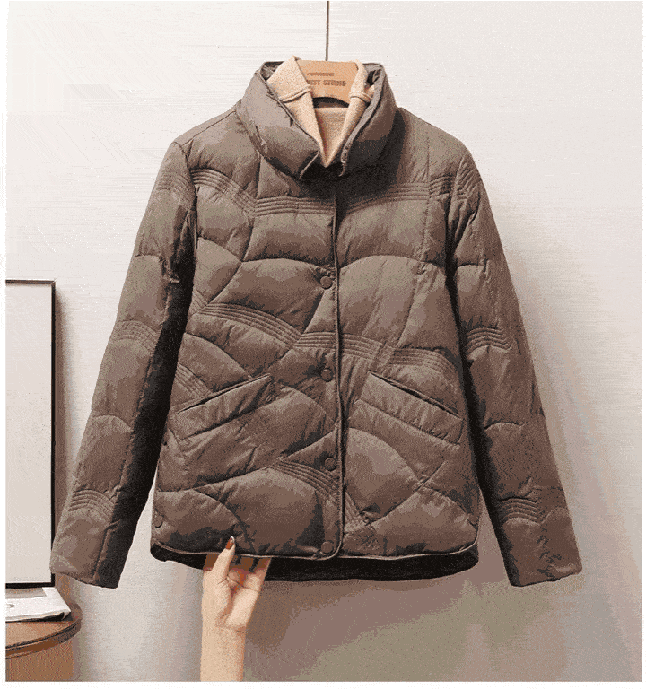 婕莱欧立领短款羽绒服,轻薄有廓形,有风度也有温度,羽绒服也能轻松穿