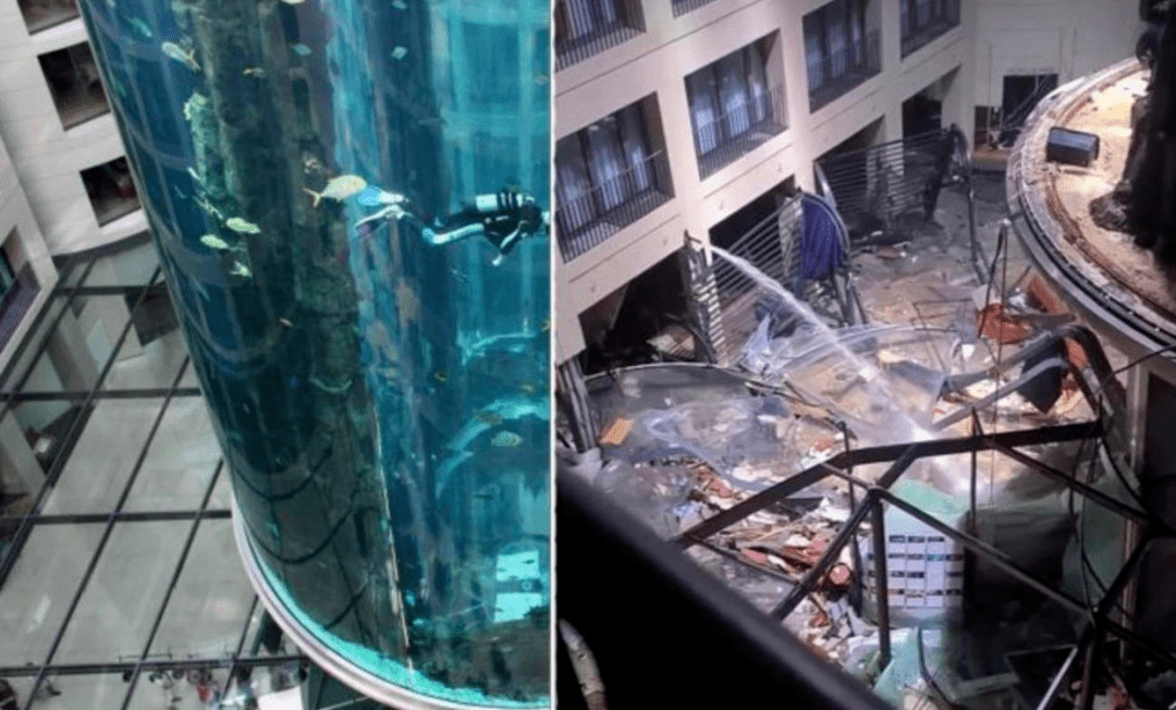 世界最大圆柱体水族箱突然爆炸!
