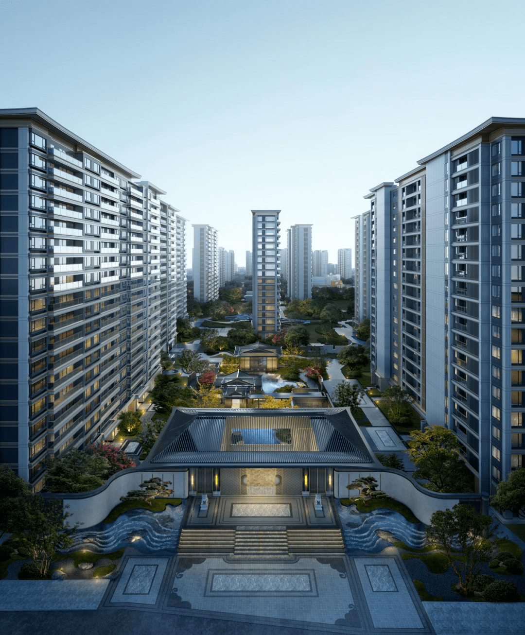 岸边红枫挺立,水中锦鲤肆游,水面尽头是中心会客厅,主体建筑望舒阁围