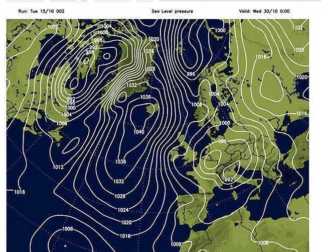 从格陵兰岛一直延伸到葡萄牙西海岸的一个高压区域,即所谓的反气旋,它
