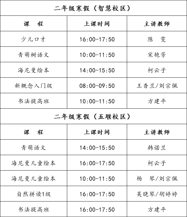 二年級寒假課表02一年級寒假課表01從文2023年寒春課程安排中學: 2月