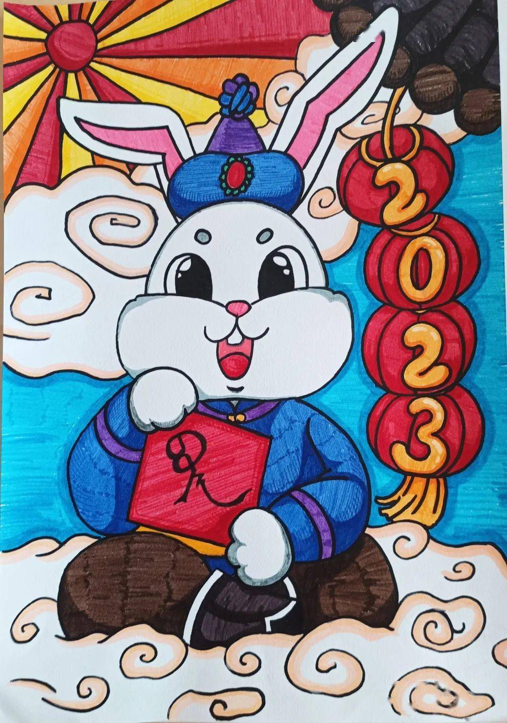 兔年画兔迎新春儿童画图片