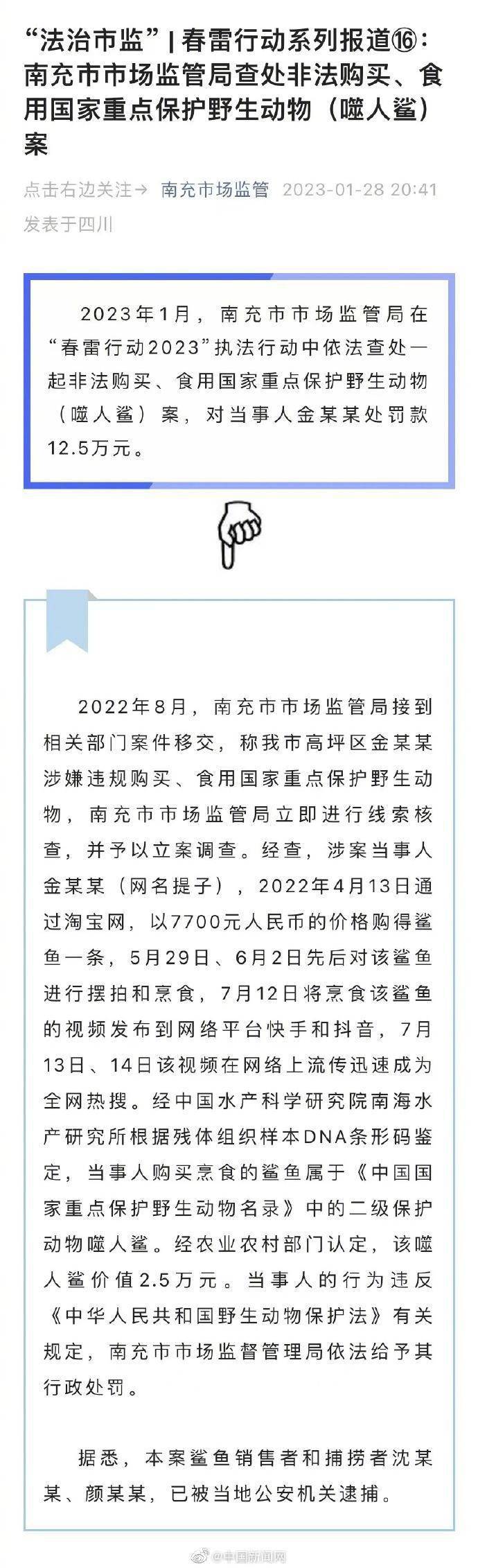 女网红烹食大白鲨被罚12.5万元