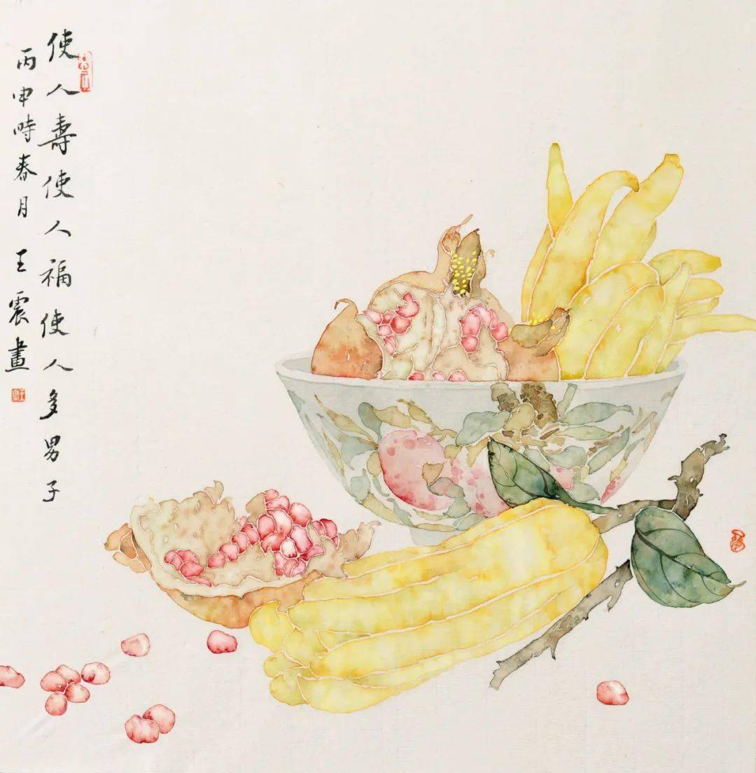 【国画教程】没骨画《佛寿三多》绘制步骤_赭石_石榴_藤黄