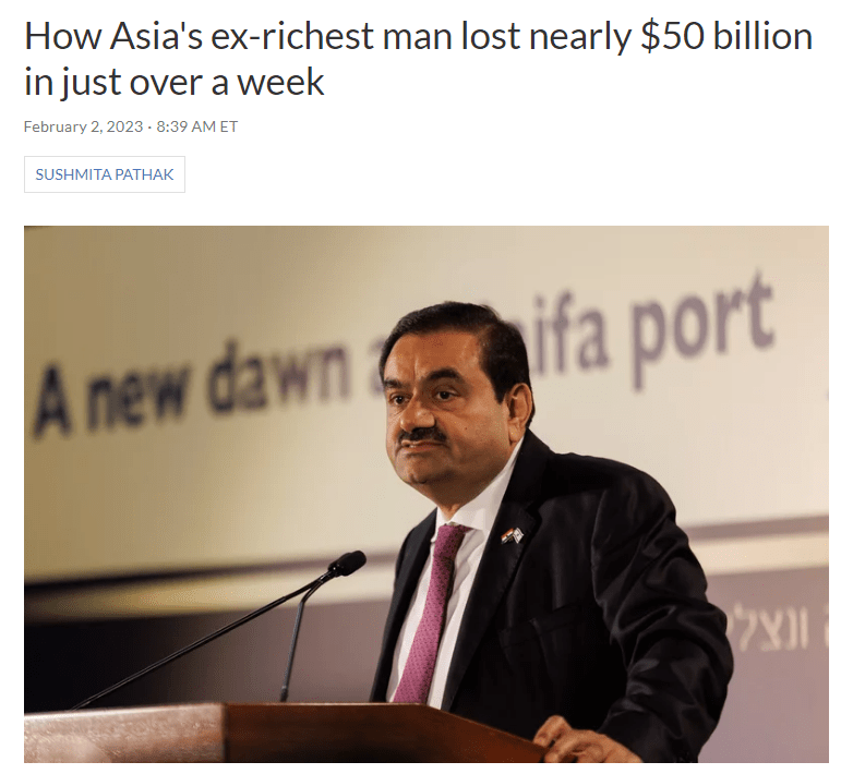 惨烈！“精准做空”致亚洲首富阿达尼身家缩水近4000亿，印度股市崩盘，外资投行“避雷”、印度央行介入……