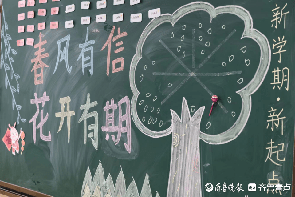 爱都小学的老师们提前在学校21间教室内绘制了开学主题的黑板报,"春风