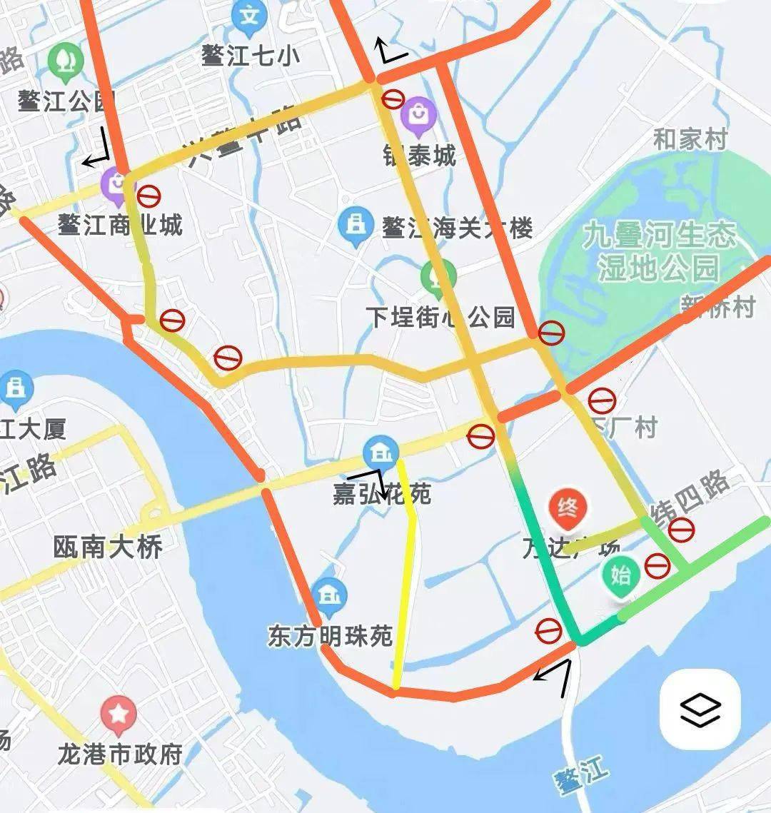 路线为滨江大道(港口公园出发)→沿江路,水深路(经过鳌江国际新城)