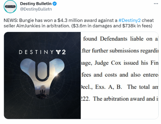 Bungie博得《命运2》外挂诉讼讼事 获赔430万美圆