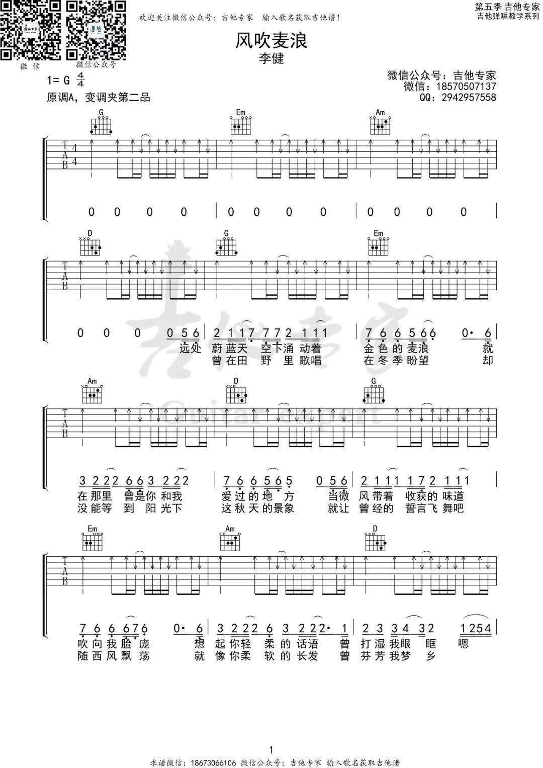 风吹麦浪 g调吉他谱 | 李健 4个和弦轻松搞定_梦乡_芬芳_天空