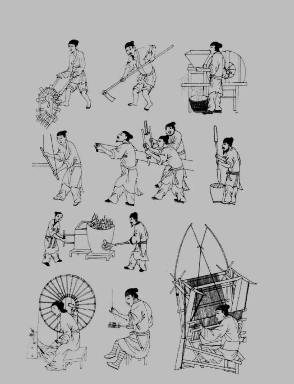 《中国古代服饰研究》[明]戴网巾的农民,榨油工人,铸工和纺织工(明