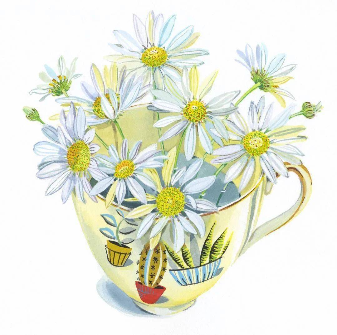 杯子与鲜花的创意组合,给人一种很温馨恬静的感觉她的水彩画,画面干净
