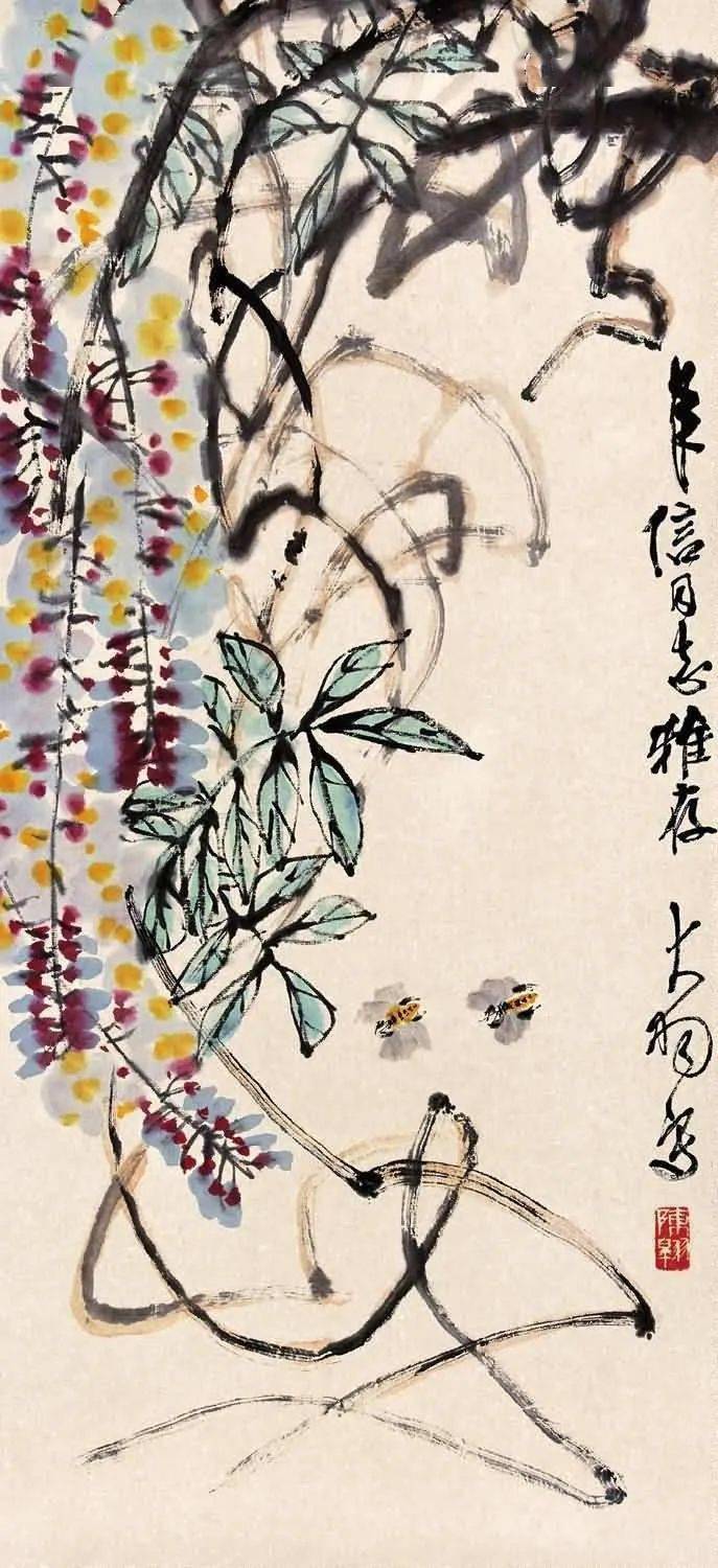 陈大羽画紫藤,春意浓!_大写意_花鸟画_笔墨