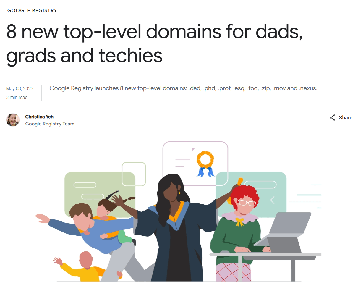 谷歌推出dad、zip、mov等8个新的顶级域名后缀 主要面向家长、毕业生和技术人员等