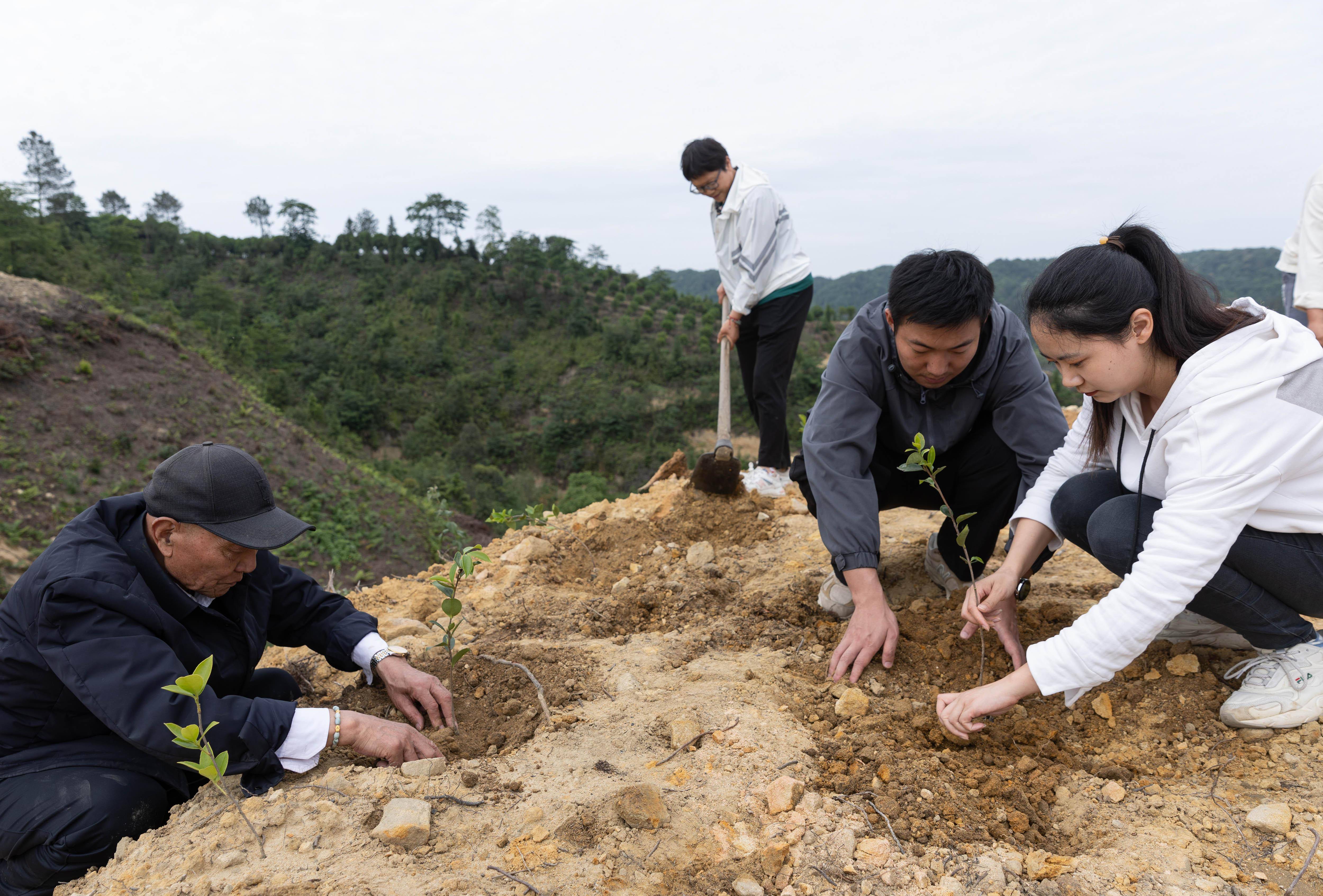 5月14日,李秀雄(左一)一家和工人在四川省荣县东兴镇长兴林场一处山坡
