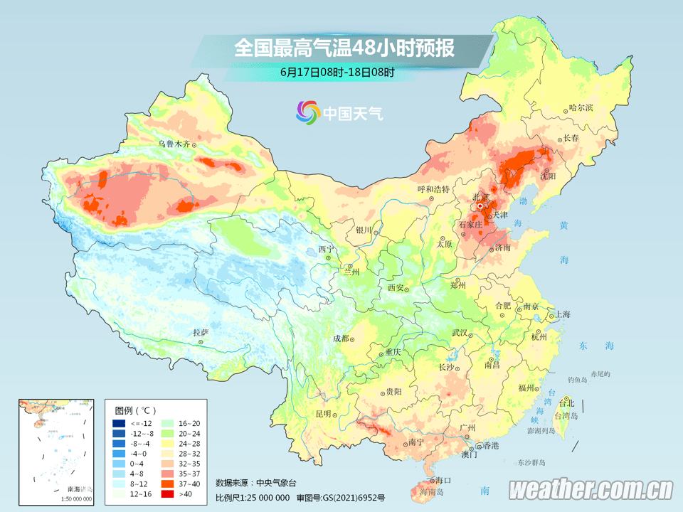 内蒙古东南部和西部,甘肃西部,新疆东部等地有35℃以上的高温天气